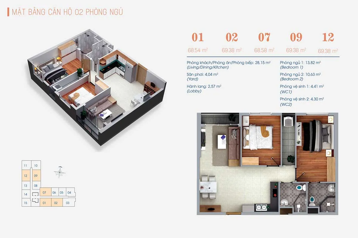 VIVA PLAZA QUẬN 7 12 Thiết kế Căn hộ 2 Phòng ngủ Số 01-02-07-09-12 ViVa Plaza