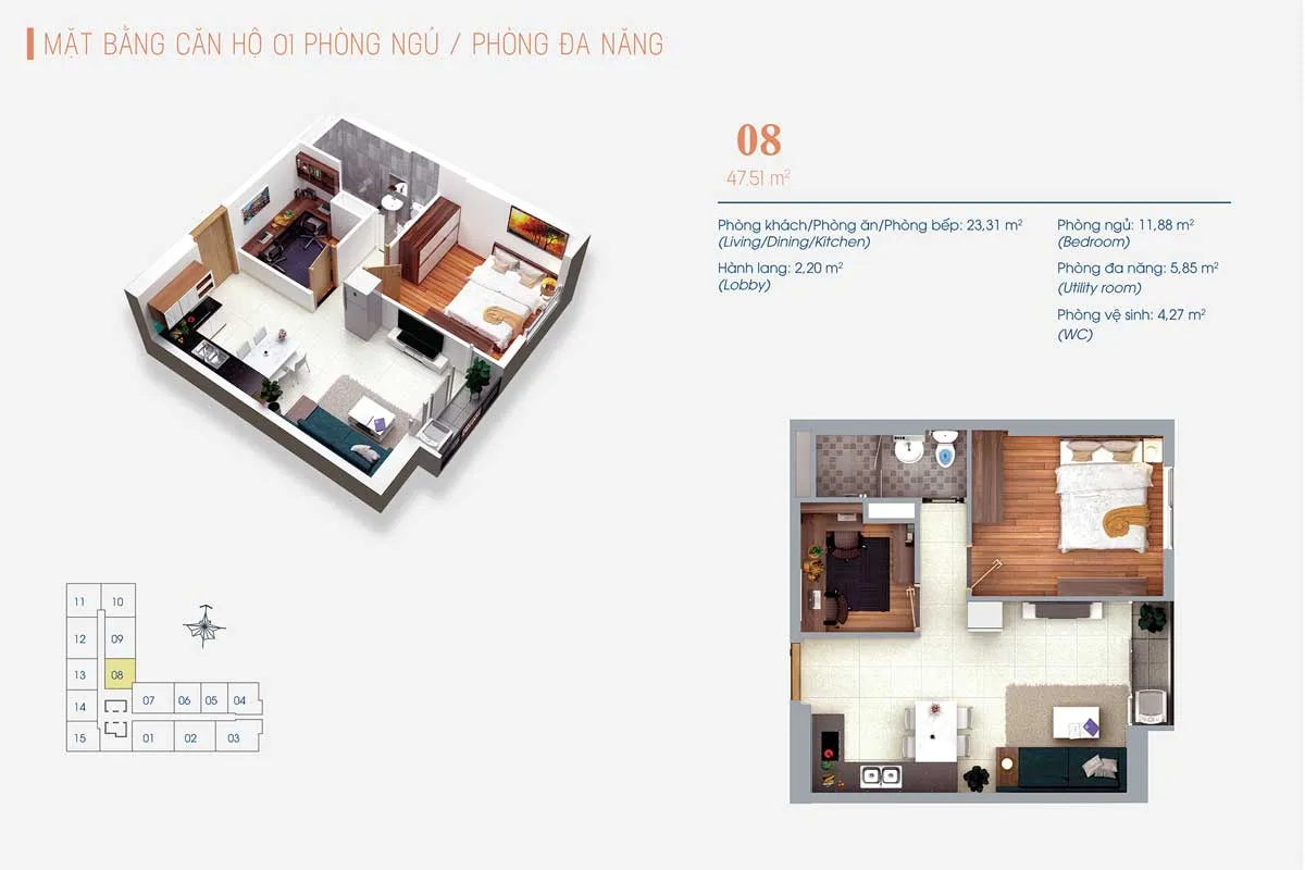 VIVA PLAZA QUẬN 7 16 Thiết kế Căn hộ 1 Phòng ngủ và 1 Phòng đa năng Số 08 ViVa Plaza