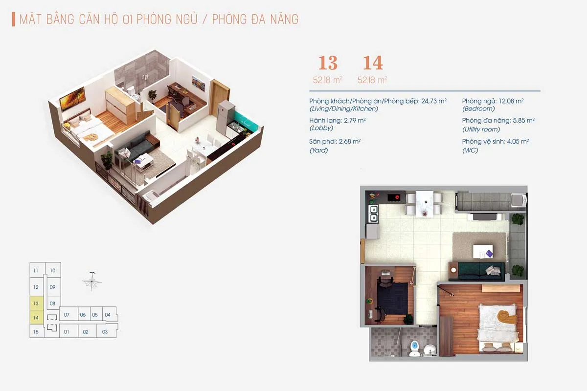 VIVA PLAZA QUẬN 7 18 Thiết kế Căn hộ 1 Phòng ngủ và 1 Phòng đa năng Số 13 - 14 ViVa Plaza