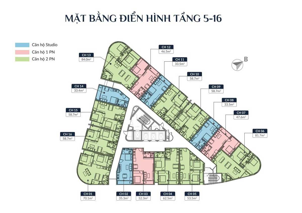 Mặt bằng Tầng 5-16 Dự án Căn hộ Vina2 Panorama Quy Nhơn Bình Định