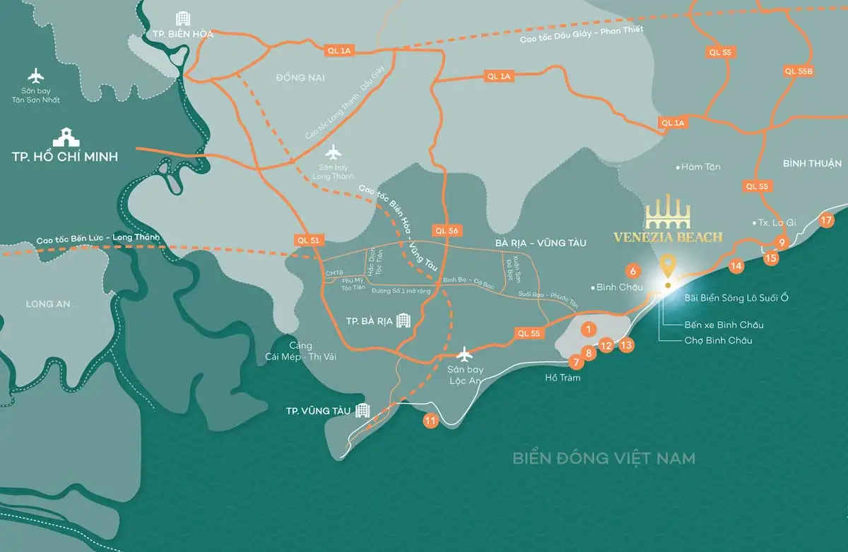 Venezia Beach 3 Vị trí Dự án Venezia Beach nằm ngay trên cung đường Biển Hồ Tràm – Bình Châu, Tỉnh Bà Rịa - Vũng Tàu đoạn giáp ranh với xã Thắng Hải, huyện Hàm Tân, tỉnh Bình Thuận