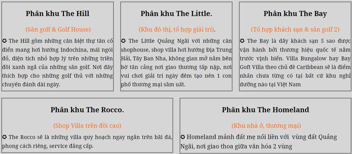 Thông tin các Phân khu chính tại Dự án Khu đô thị FLC Quảng Ngãi