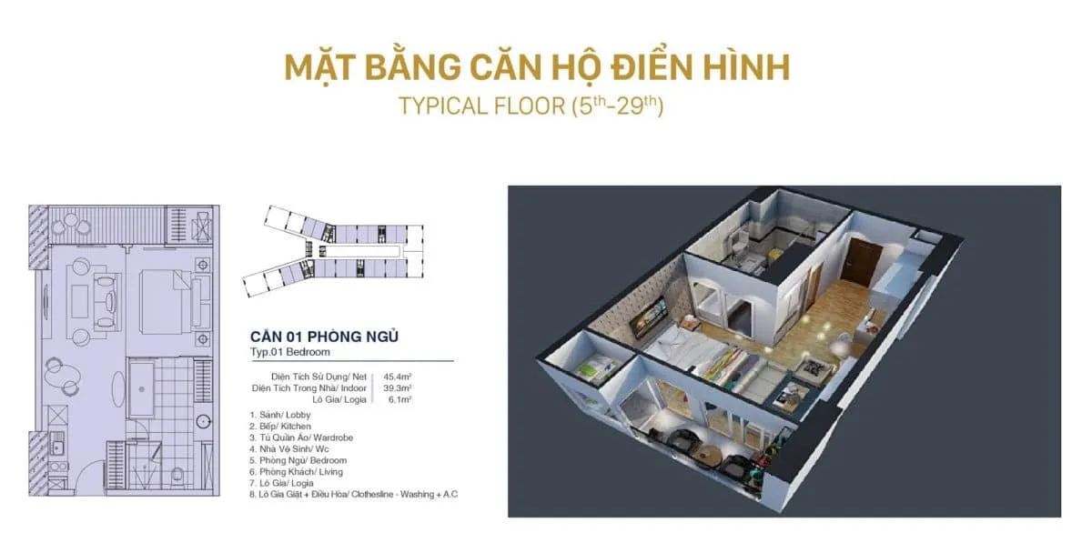 QUY NHƠN MELODY 18 Thiết kế Căn hộ 1 Phòng ngủ Quy Nhơn Melody