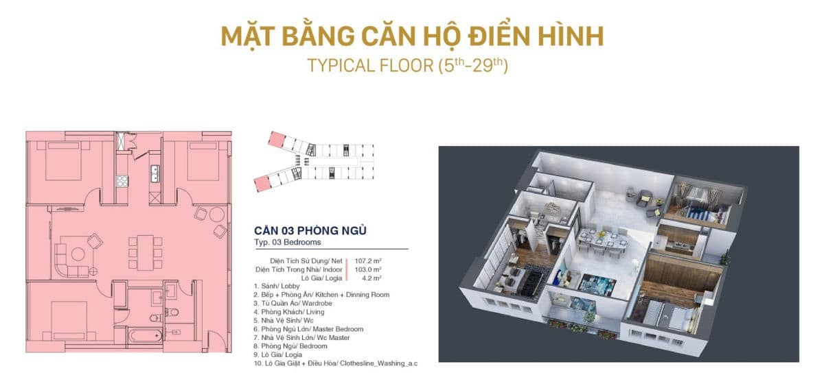 Thiết kế Căn hộ 3 Phòng ngủ Quy Nhơn Melody