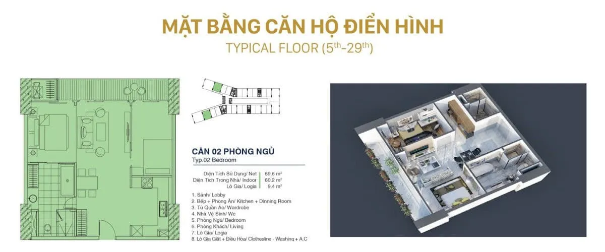 QUY NHƠN MELODY 19 Thiết kế Căn hộ 2 Phòng ngủ Quy Nhơn Melody