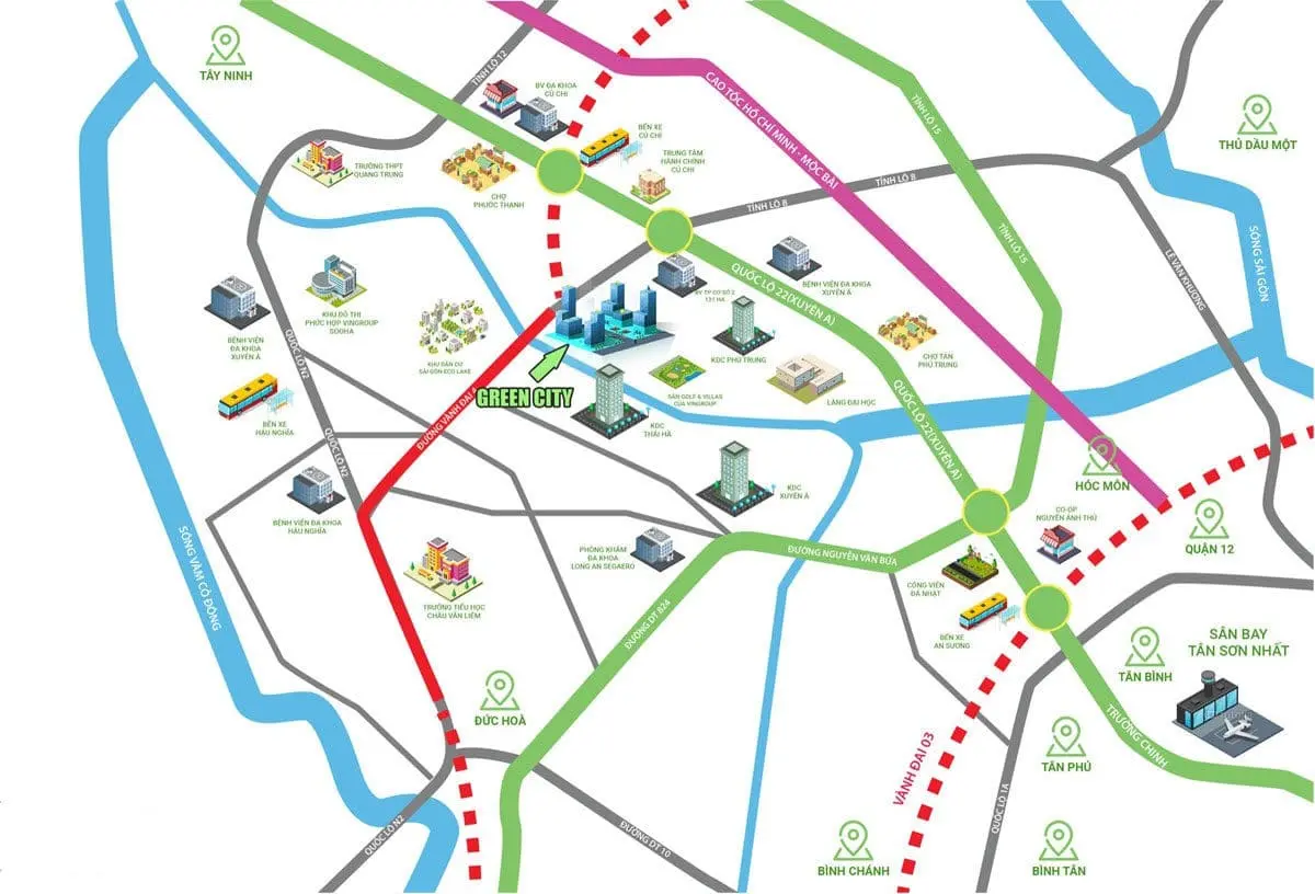 Vị trí trung tâm Khu đô thị Tây Bắc của Dự án Green City Củ Chi Vị trí trung tâm Khu đô thị Tây Bắc của Dự án Green City Củ Chi