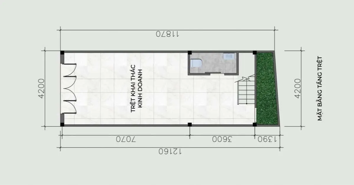 Zenta Home 16 7 Mặt bằng Trệt đẩy thang về cuối nhà tạo sự thông thoáng, tối đa không gian kinh doanh