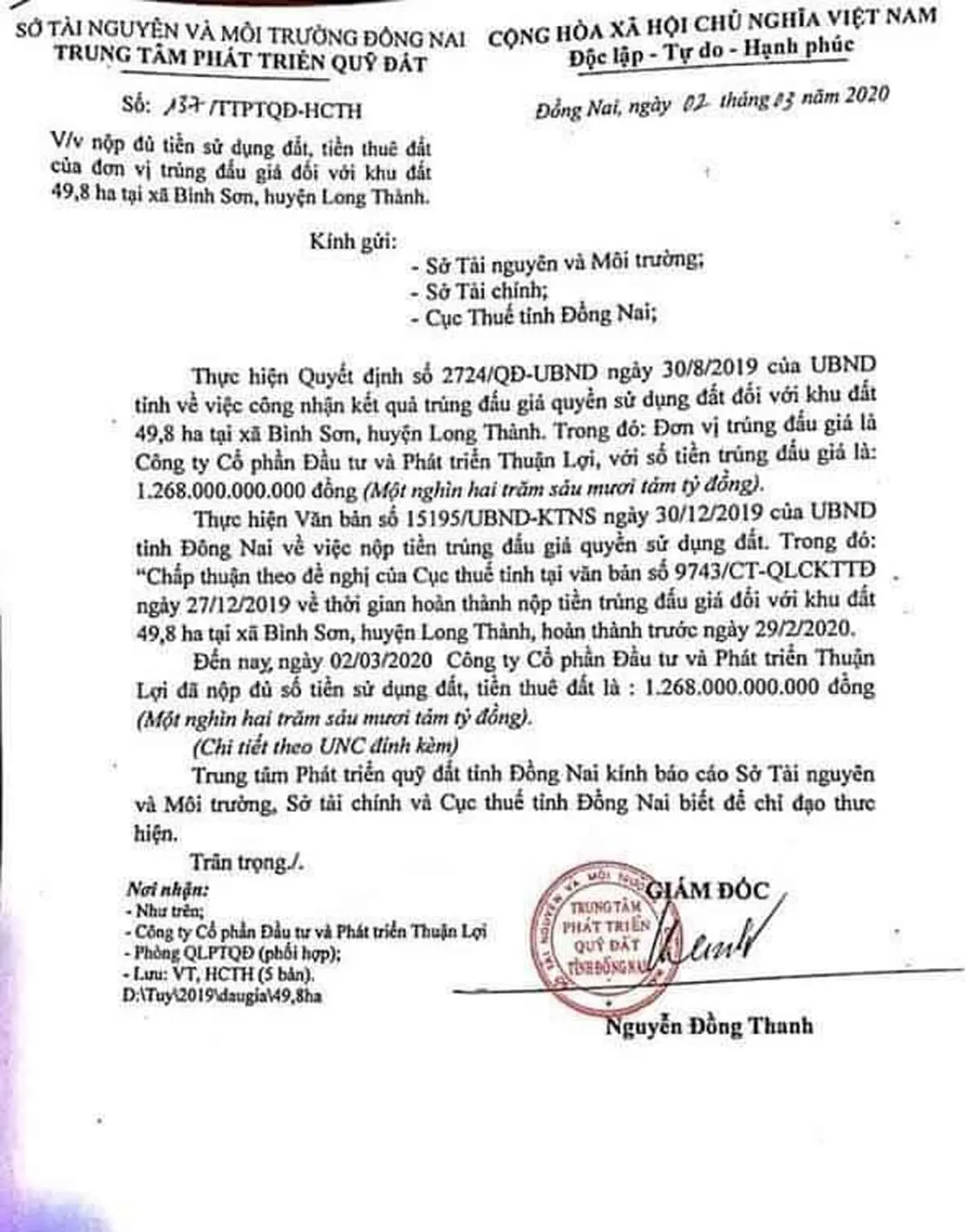 KHU DÂN CƯ BÌNH SƠN 49,8HA LONG THÀNH 13 Chứng từ Đóng tiền sử dụng đất Dự án Khu Dân cư Bình Sơn Long Thành Đồng Nai