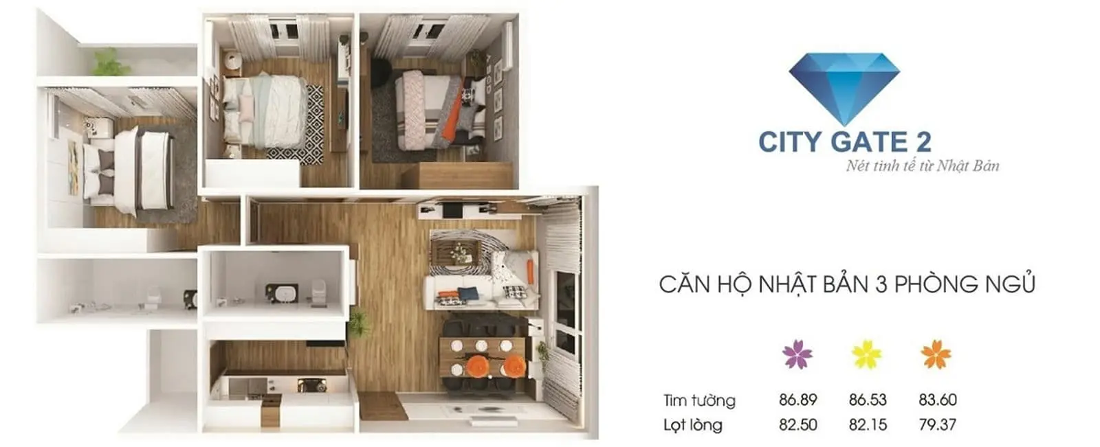 CITY GATE 2 DIAMOND RIVERSIDE QUẬN 8 8 Thiết kế Căn hộ 3 PN City Gate 2 - Diamond Riverside Quận 8