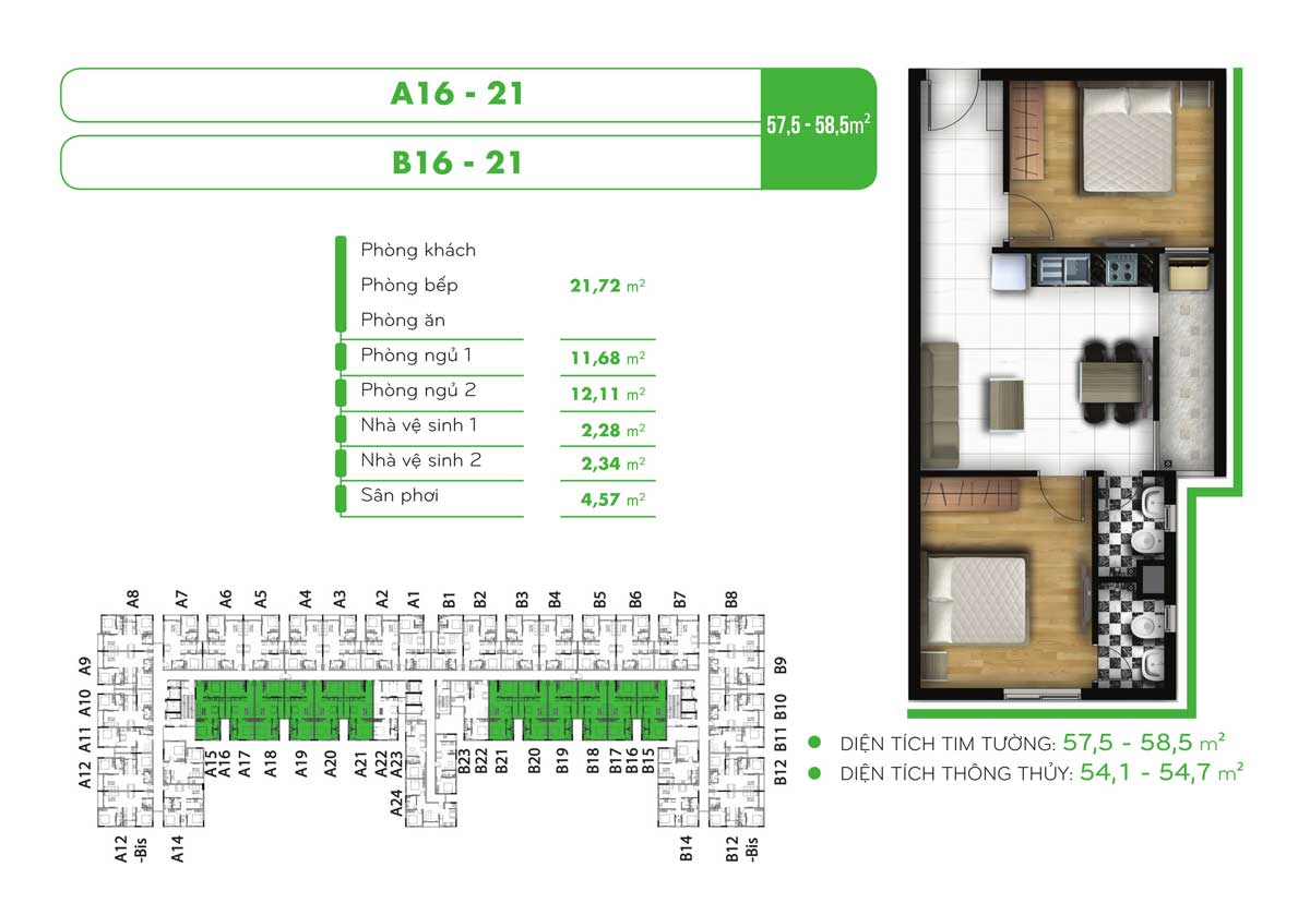 Thiết kế Căn hộ 57,5m2 - 58,5m2 Dự án Chung cư Golf View Palace Tân Bình