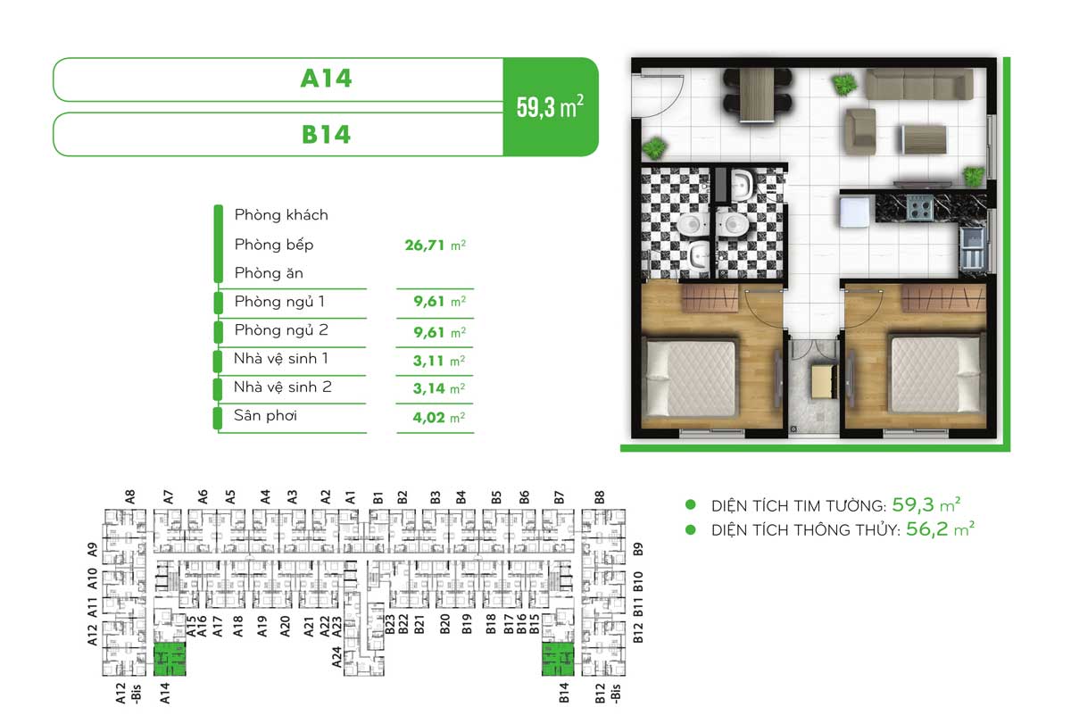 Thiết kế Căn hộ 59,3m2 Dự án Chung cư Golf View Palace Tân Bình