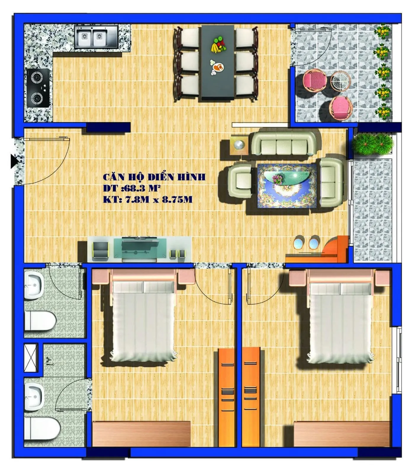 PHƯƠNG NAM RIVER PARK 7 Thiết kế Căn hộ 68m2 Chung cư Phuong Nam River Park Bến Tre