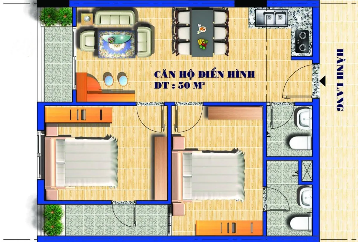 PHƯƠNG NAM RIVER PARK 5 Thiết kế Căn hộ 50m2 Chung cư Phuong Nam River Park Bến Tre