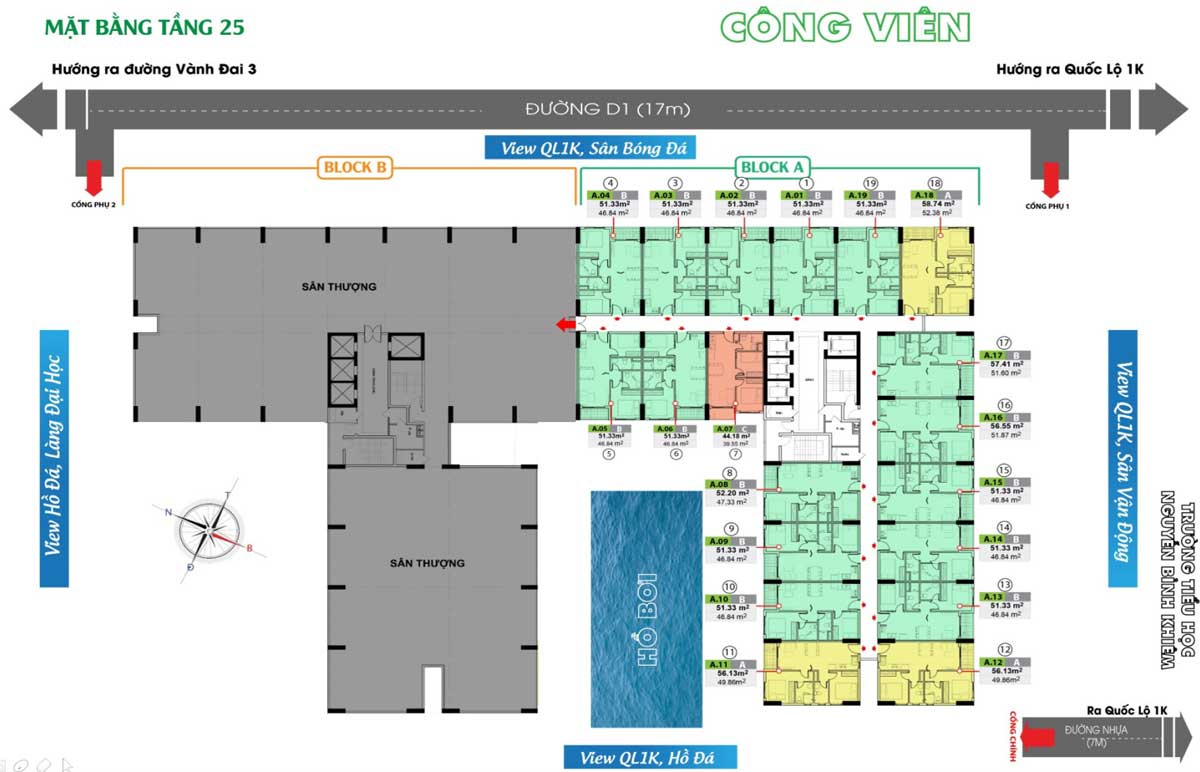 Mặt bằng Tầng 25 Dự án Căn hộ Bcons Green View Dĩ An Bình Dương