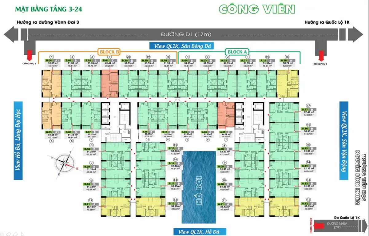BCONS GREEN VIEW DĨ AN 12 Mặt bằng Tầng 3 - 24 Dự án Căn hộ Bcons Green View Dĩ An Bình Dương