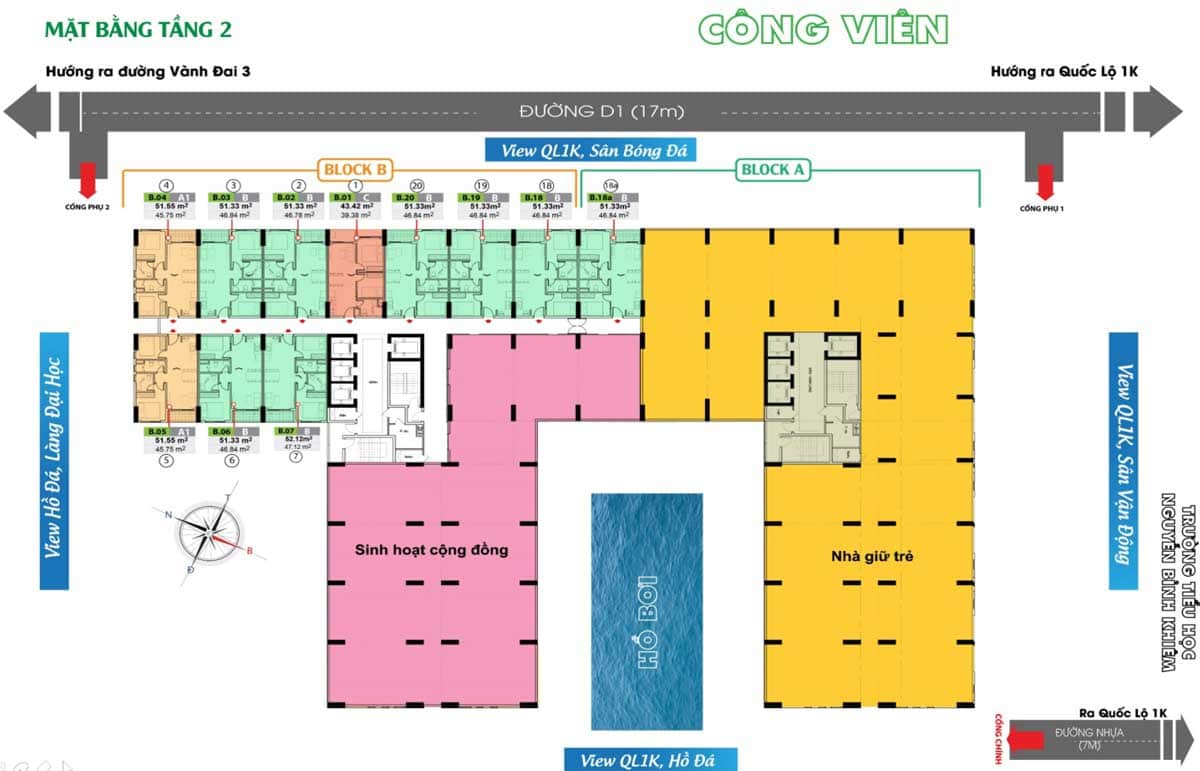 Mặt bằng Tầng 2 Dự án Căn hộ Bcons Green View Dĩ An Bình Dương