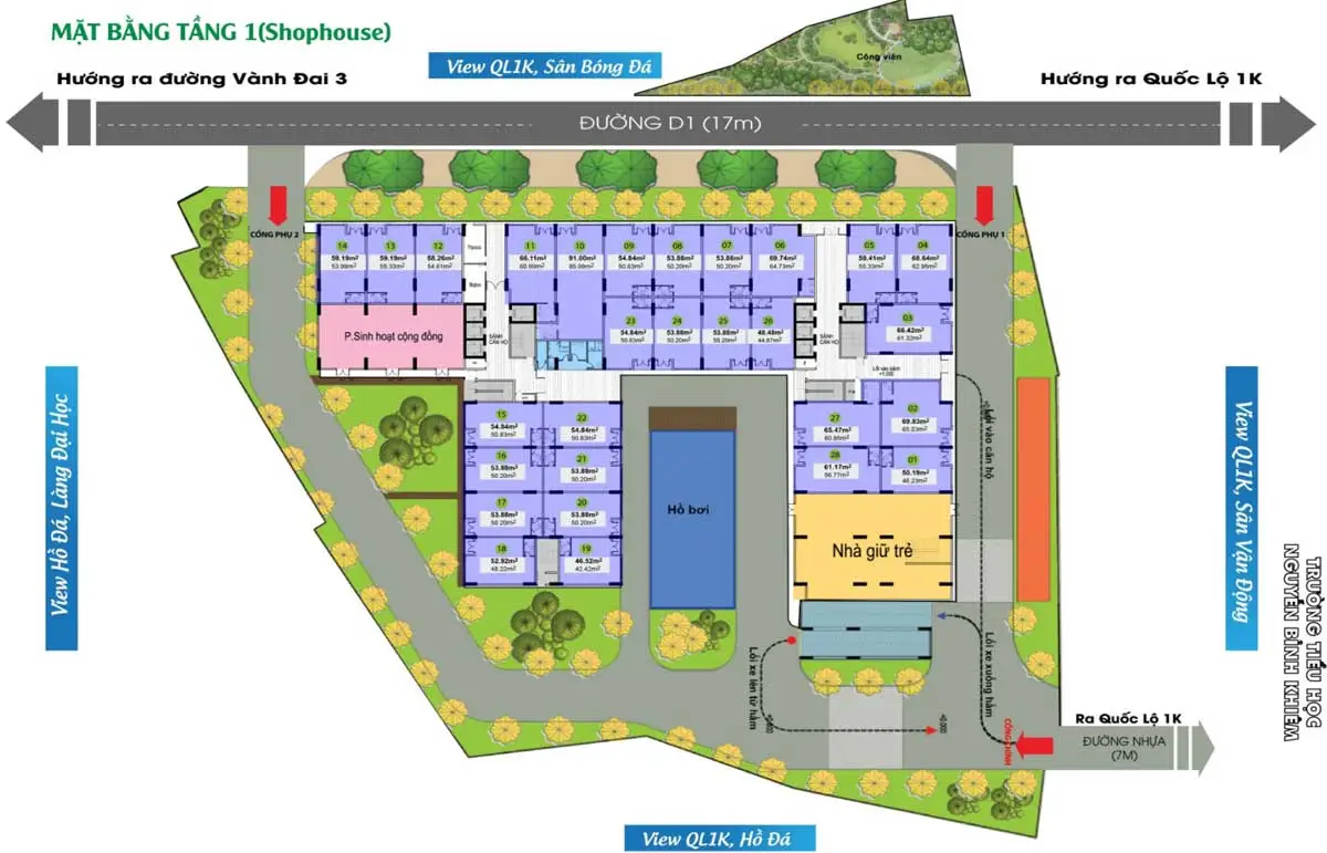 BCONS GREEN VIEW DĨ AN 10 Mặt bằng Tầng 1 Dự án Căn hộ Bcons Green View Dĩ An Bình Dương