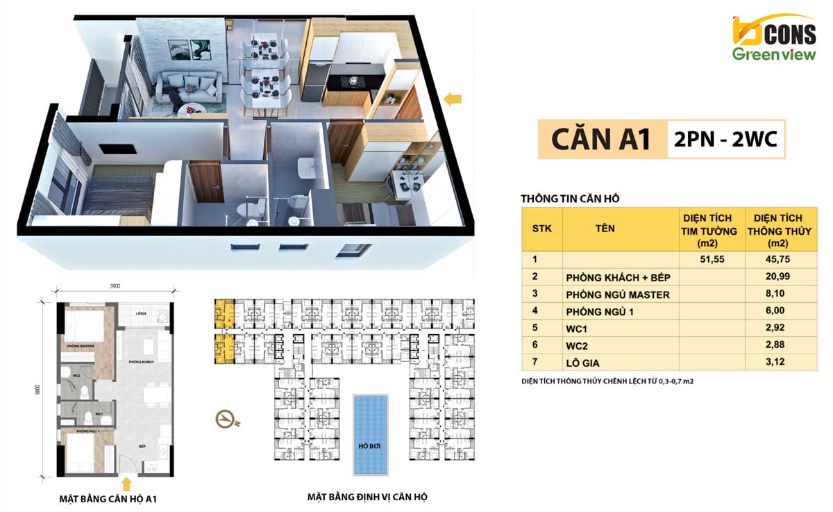 Thiết kế Căn hộ A1 Bcons Green View