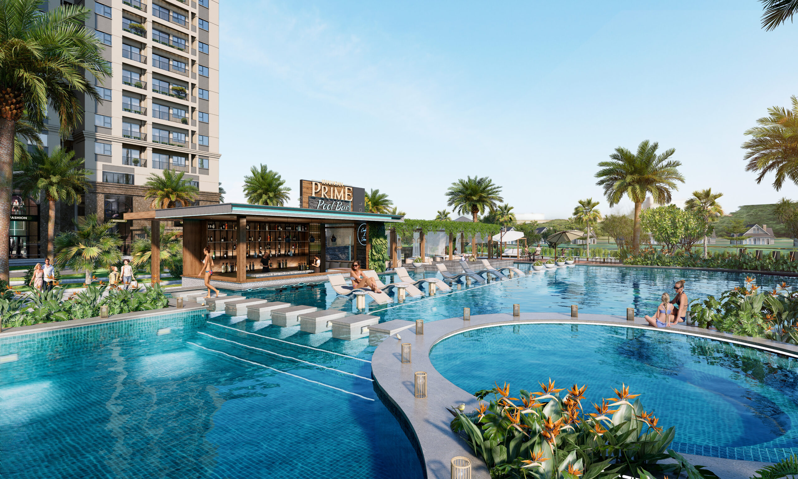 Hồ bơi và Pool Bar Khải Hoàn Prime Phối cảnh khu hồ bơi, bể tròn và Pool Bar trong nội khu