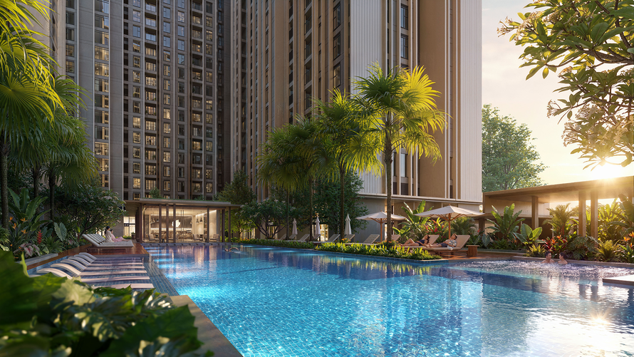 Phối cảnh hồ bơi Aura Flow và cảnh quan tại Imperia Sensa Park