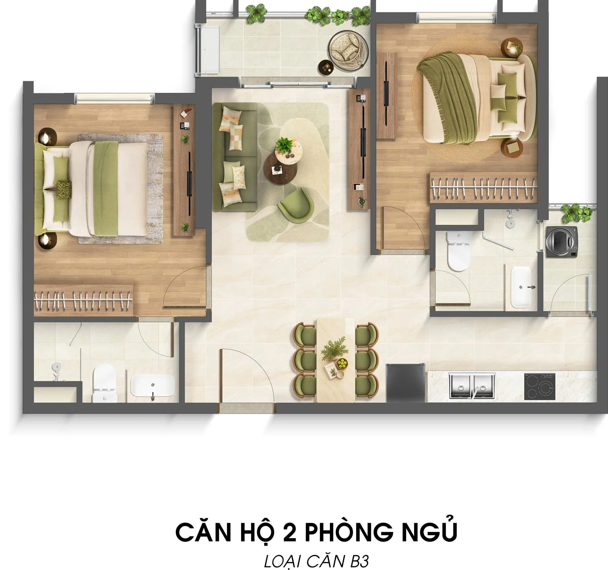 Sơ đồ bố trí căn hai phòng ngủ loại B3 tại Imperia Sensa Park