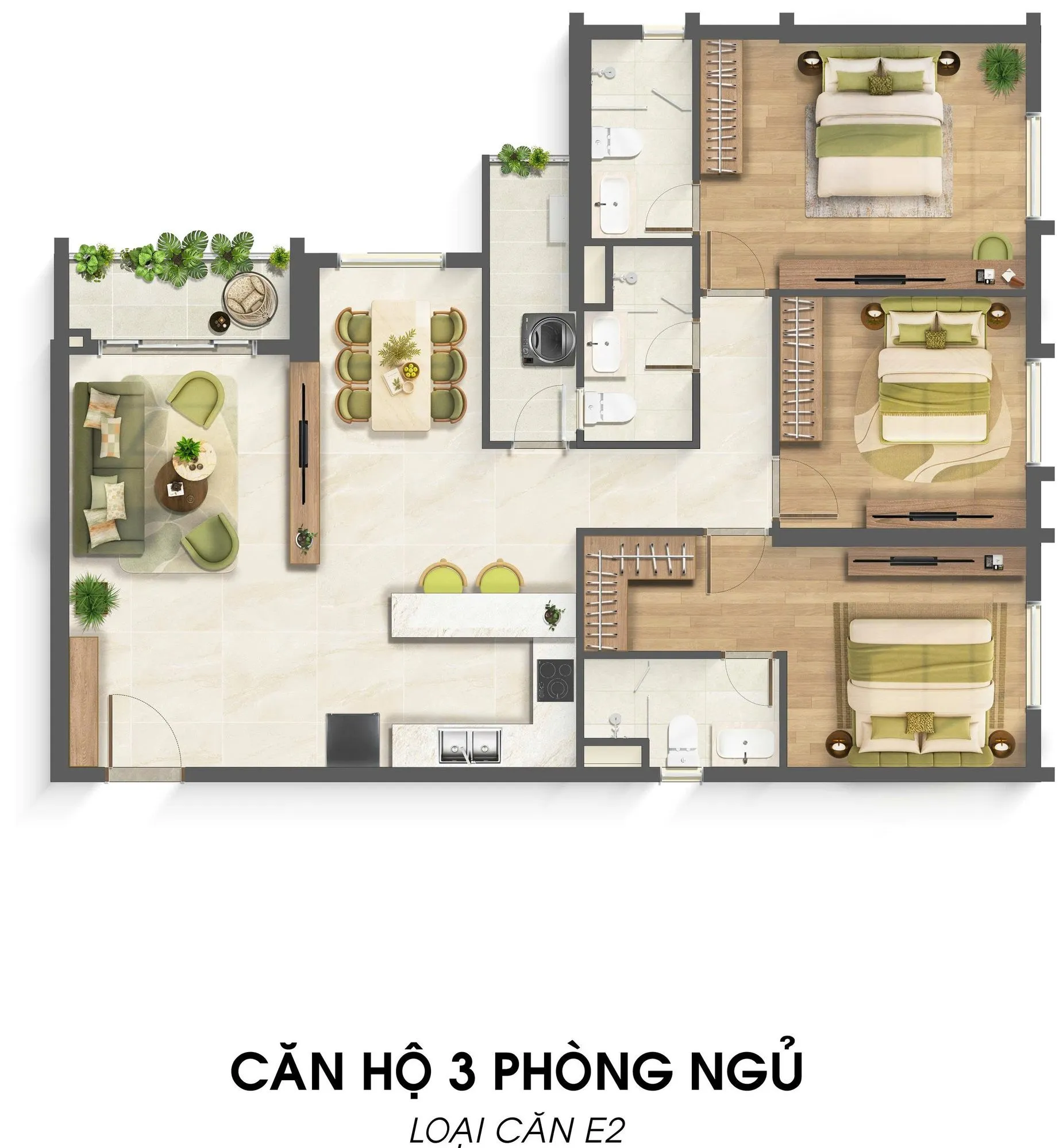 Sơ đồ bố trí căn ba phòng ngủ loại E2 tại Imperia Sensa Park