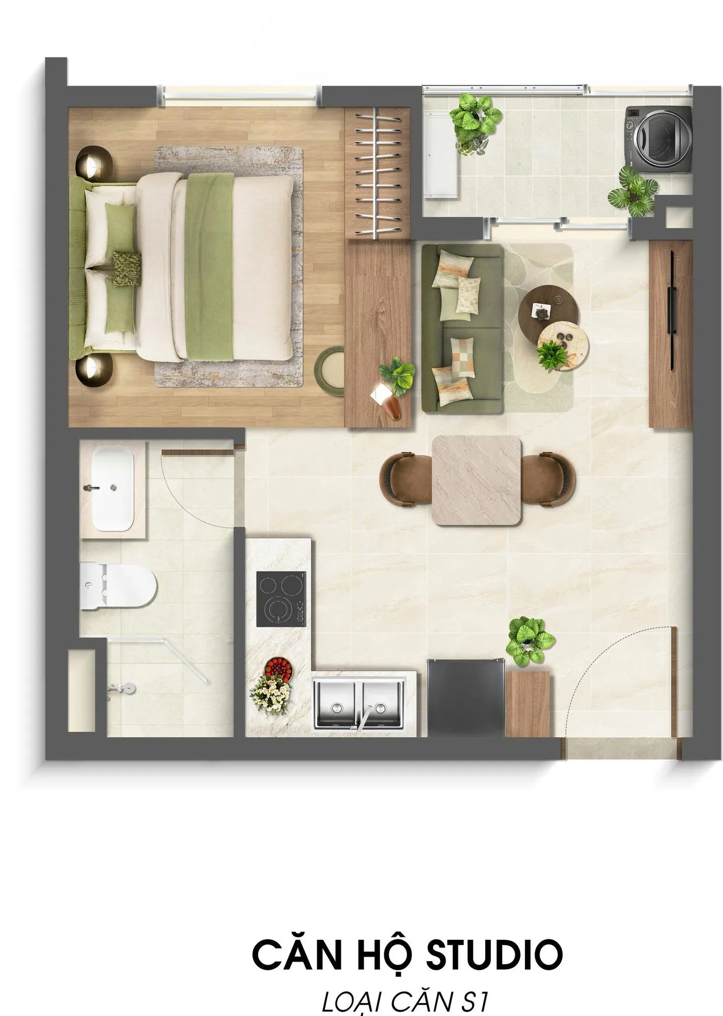 Sơ đồ bố trí căn Studio loại S1 tại Imperia Sensa Park