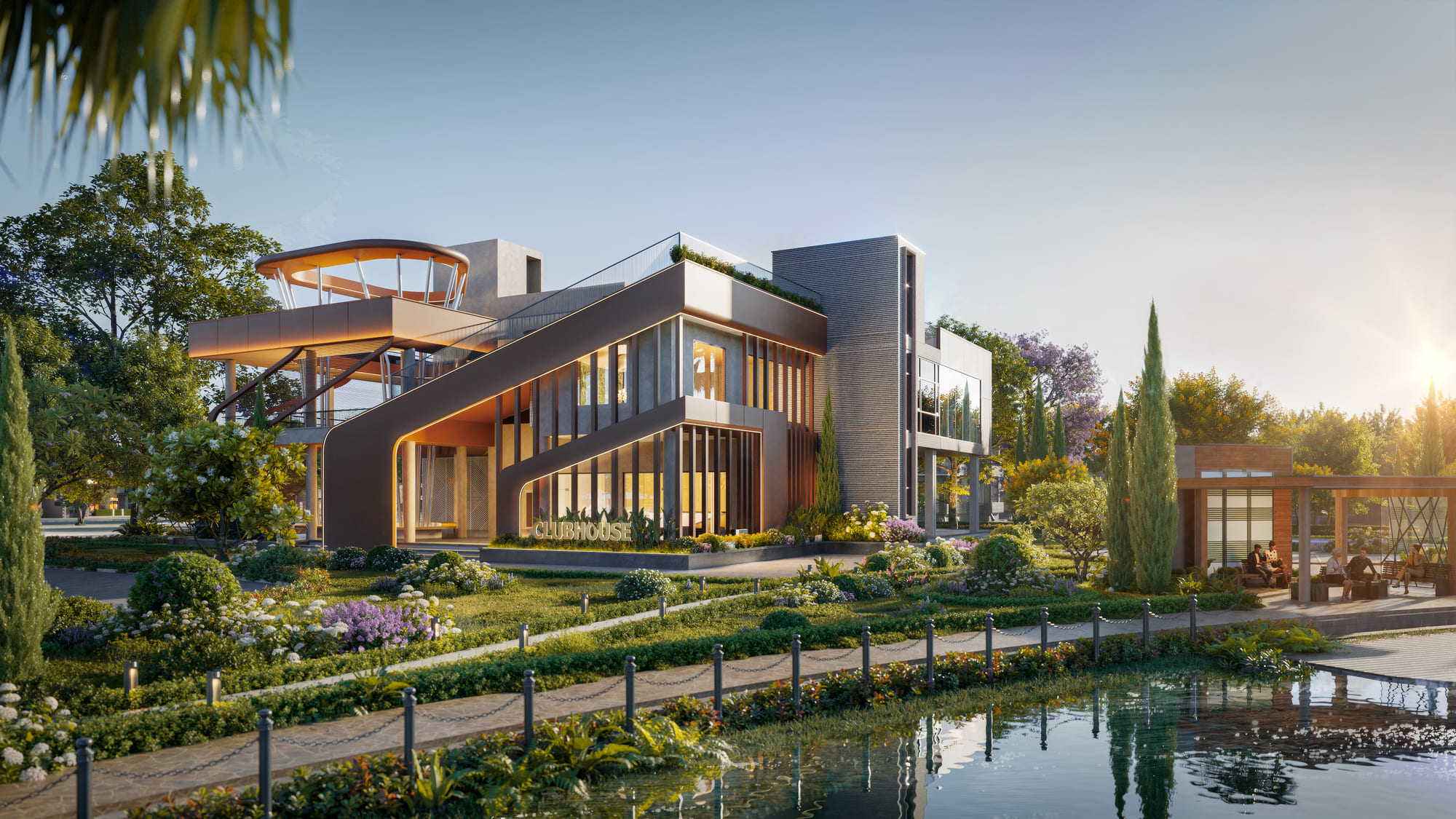 Tiện ích Khải Hoàn Prime: một ngày sống cân bằng bên sông 4 Phối cảnh clubhouse ba tầng với vườn cảnh quan và lối dạo ven sông