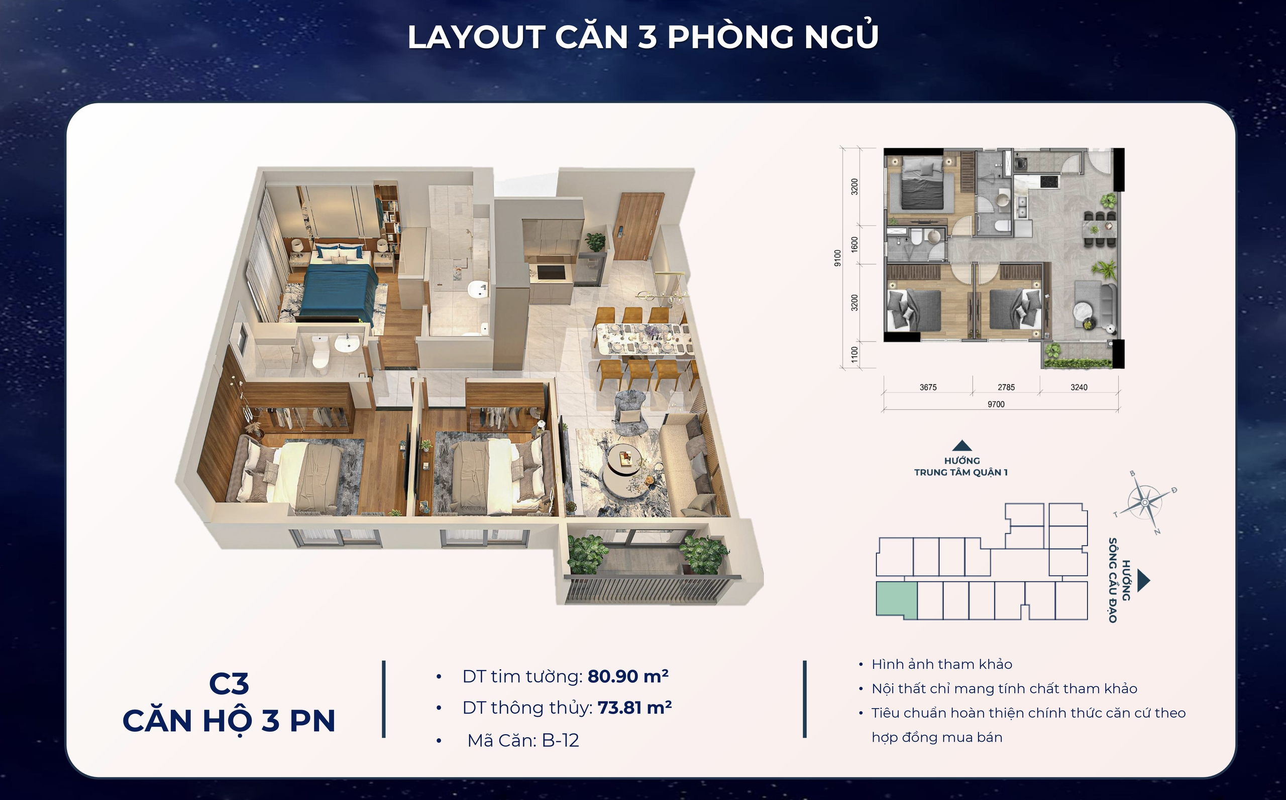 Sơ đồ và phối cảnh layout C3 căn 3PN mã B-12 tháp Mika