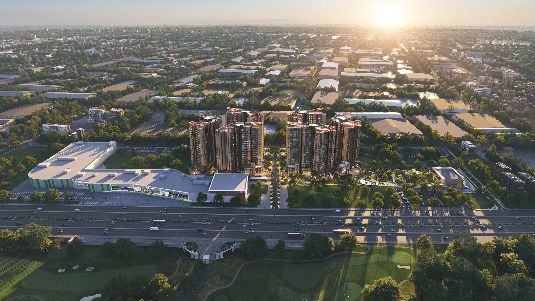 Vị trí Norton Park: lợi thế cạnh AEON và sân golf trong nhịp sống Thuận Giao 2 Phối cảnh Norton Park nhìn từ phía sân golf qua Đại lộ Bình Dương, với AEON Mall ở bên cạnh