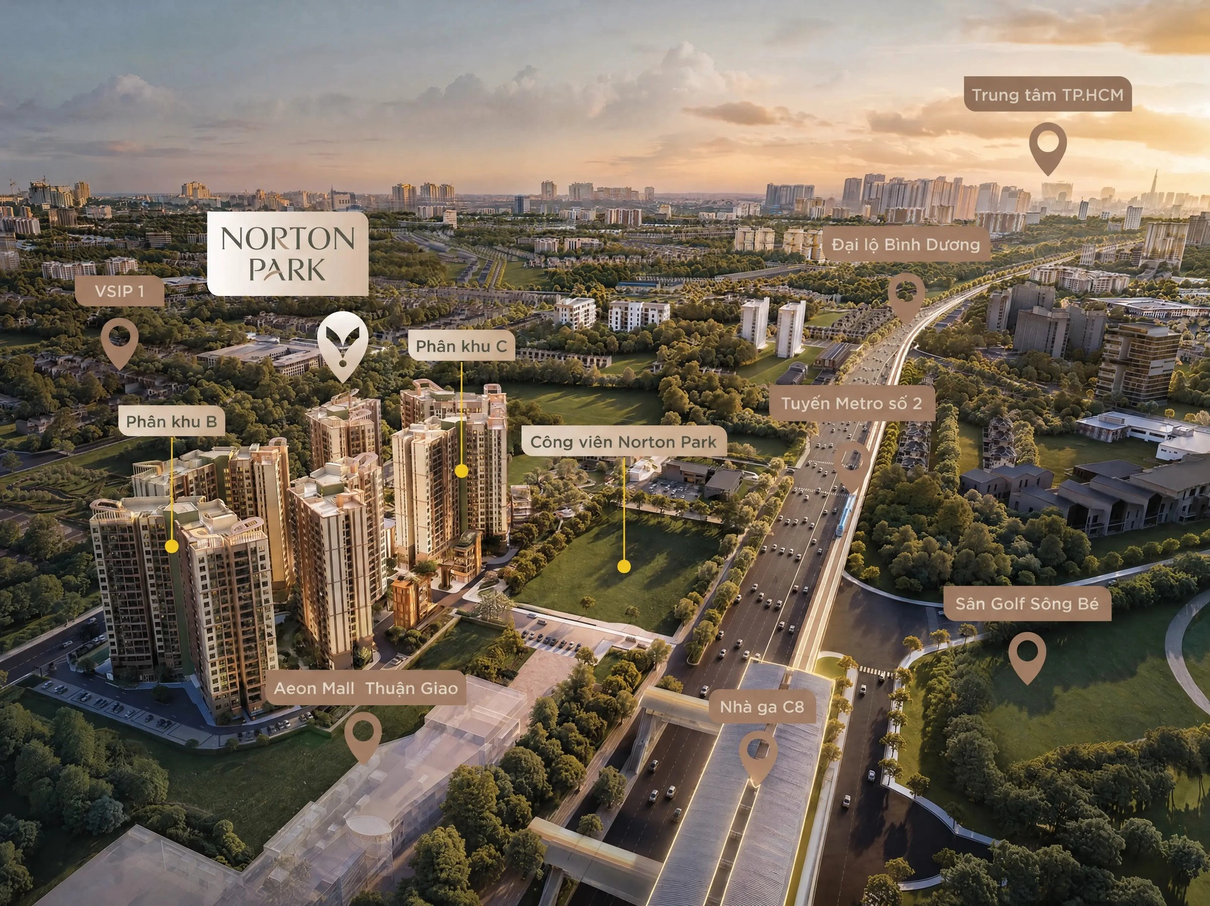 Vị trí Norton Park: lợi thế cạnh AEON và sân golf trong nhịp sống Thuận Giao 4 Phối cảnh định vị Norton Park với phân khu B, C, AEON, sân golf và metro tương lai